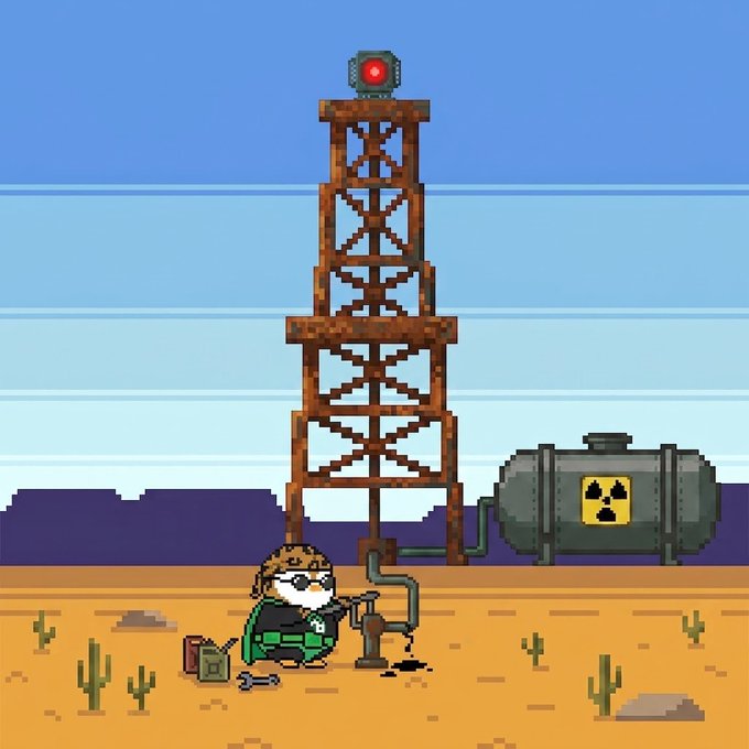 A pixel-art cat sits beside an oil pump, a derrick, a hazardous-material tank, and desert cacti.