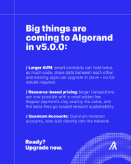 A promotional graphic announcing v5.0.0 updates for Algorand, highlighting larger AVM smart contracts, resource-based pricing, and quantum-resistant accounts.