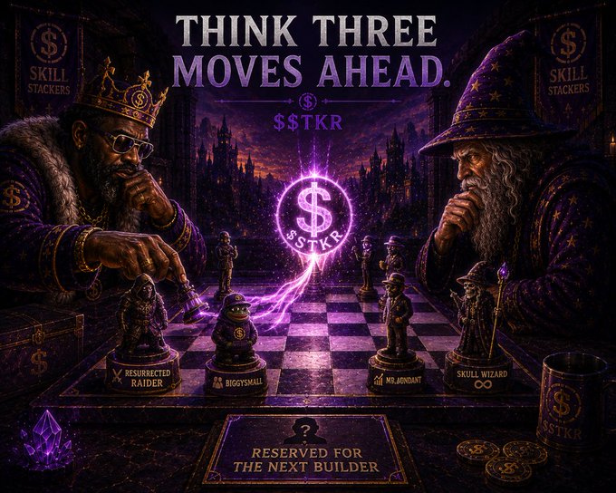 A promotional graphic with the text 'THINK THREE MOVES AHEAD' and the ticker '$STKR', featuring a chessboard with character pieces like 'Resurrected Raider', 'Biggysmall', 'Mr. Jondat', and 'Skull Wizard' played by fantasy characters.