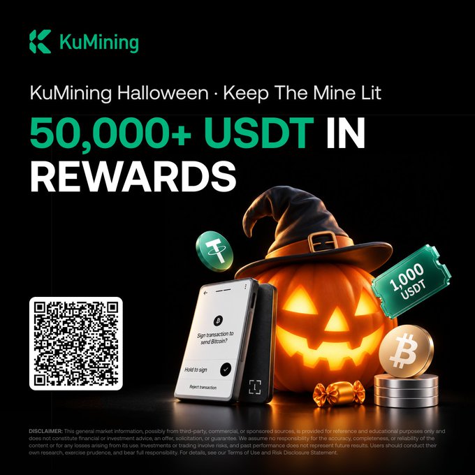 A KuMining promotional graphic advertises “KuMining Halloween · Keep The Mine Lit,” “50,000+ USDT IN REWARDS,” and “1,000 USDT,” with a QR code, Bitcoin token, hardware wallet, pumpkin, and coins.