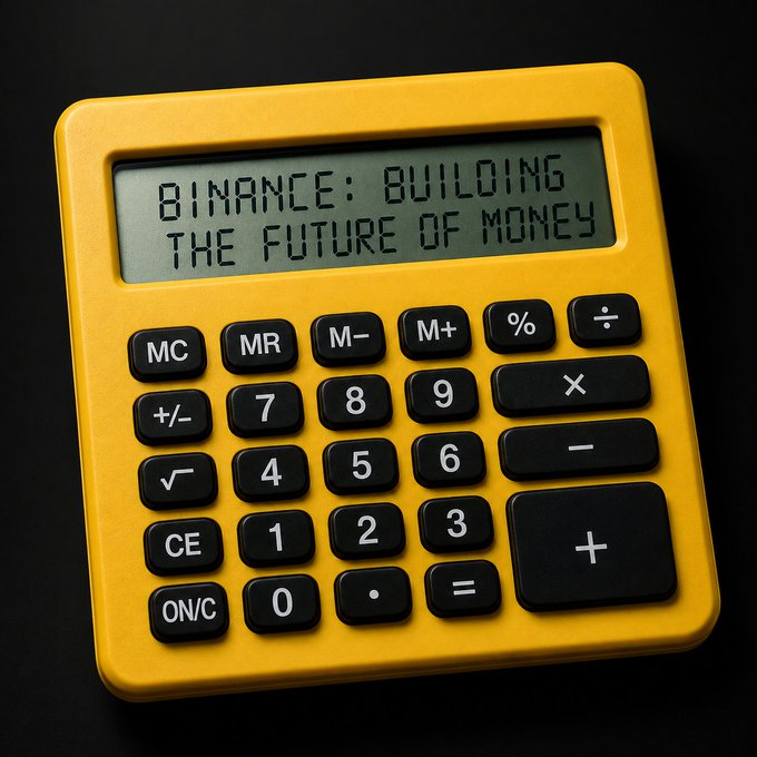 A bright yellow calculator with black buttons displays the text "BINANCE: BUILDING THE FUTURE OF MONEY" on its LCD screen, set against a dark background. The image pairs with the "Yes sir" caption to convey an emphatic agreement about Binance's role in shaping modern finance.