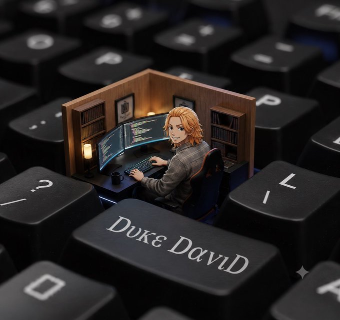 An anime-style illustration of a blonde character named 'Duke David' sitting at a multi-monitor coding setup on top of a large black keyboard.