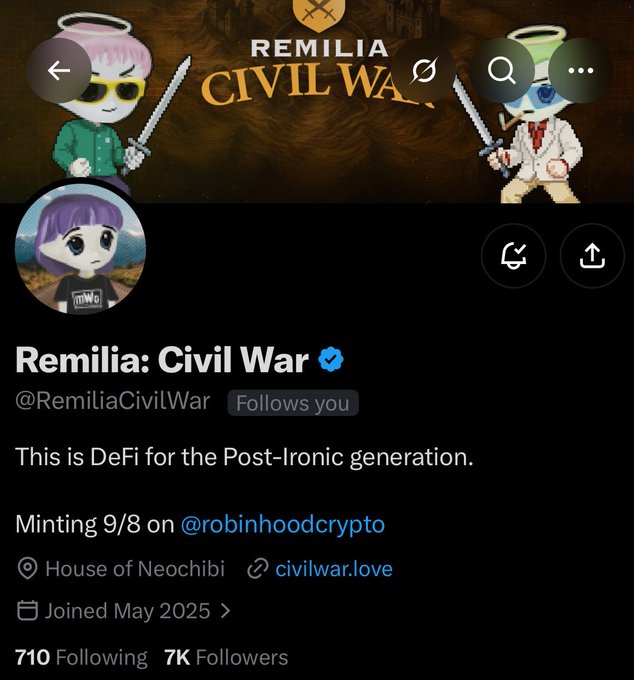A Twitter/X profile screenshot for 'Remilia: Civil War' (@RemiliaCivilWar), describing itself as 'DeFi for the Post-Ironic generation' with a mint date of 9/8 on @robinhoodcrypto, joined May 2025.