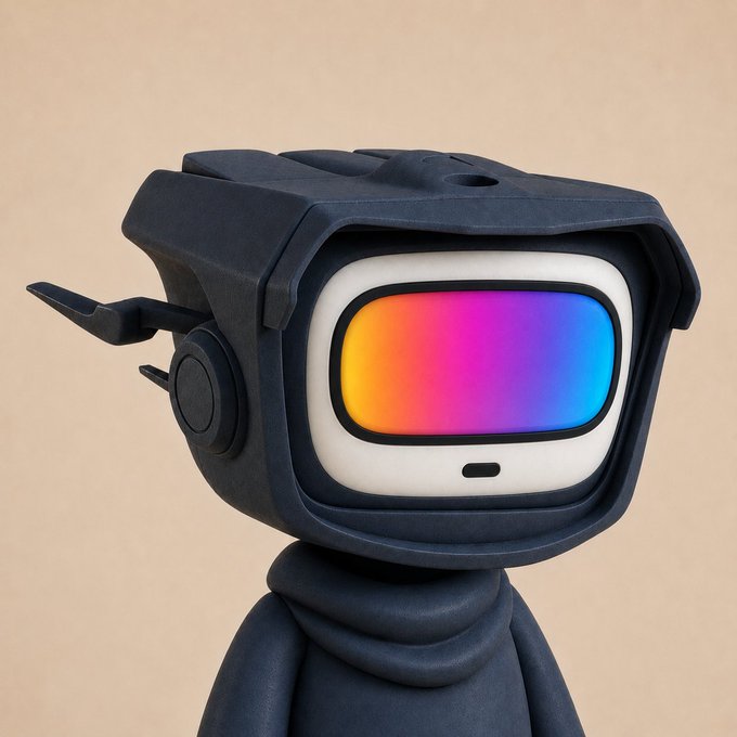 A 3D-rendered figure wearing a dark hooded jacket and a futuristic helmet with a glowing rainbow-colored visor stands against a beige background.