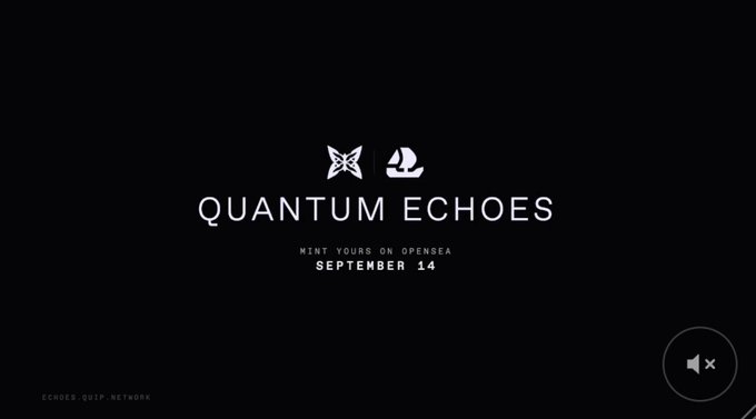 A black screen displaying the text 'QUANTUM ECHOES', 'MINT YOURS ON OPENSEA', and 'SEPTEMBER 14' below two small icons.
