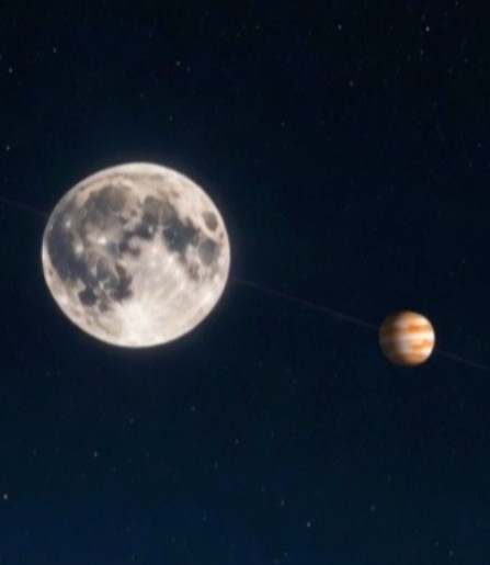 urns of water on the moon's surface, with a full moon and orange planet in the background.