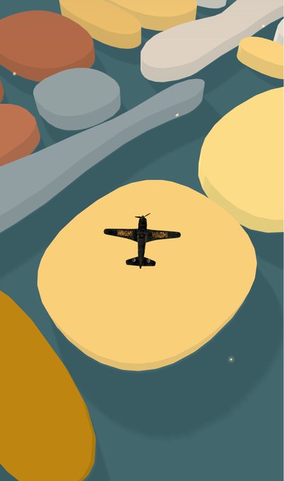 An illustrated scene featuring a military airplane flying over stylized, rounded landmasses in various earthy colors against a teal background.