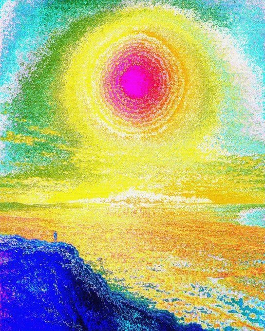 A vibrant, highly textured painting depicts a radiant pink sun setting over a blue sea, with a small figure standing on a cliff in the lower left.