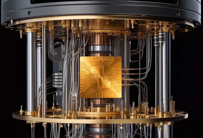 A close-up photograph of an ornate quantum computer or cryogenic chamber featuring gold-plated components, intricate wiring, and a central golden processor chip labeled 'qub.network'.