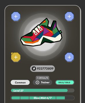 ids of objects on a screen, including a colorful shoe with red, green, blue, and yellow colors, and a black background with white circles and arrows.