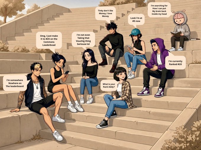 An anime-style illustration of eight characters sitting on stone steps, each with a speech bubble discussing rankings and the Commons Vouch leaderboard.