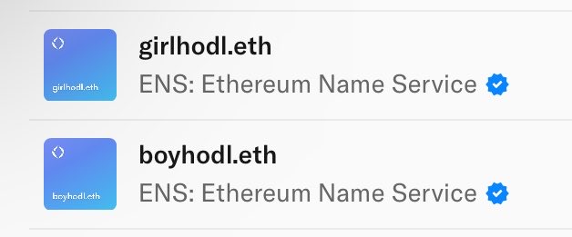 The image shows ENS domain records for "girlhodl.eth" and "boyhodl.eth," both verified as Ethereum Name Service names, reflecting the user's mention of minting these domains four years ago.