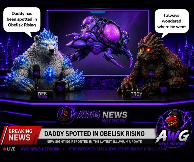 A meme graphic styled as a breaking news broadcast on the 'AWG NEWS NETWORK' reporting 'DADDY SPOTTED IN OBELISK RISING' featuring two monster characters, a polar bear and a lava creature, as co-hosts.