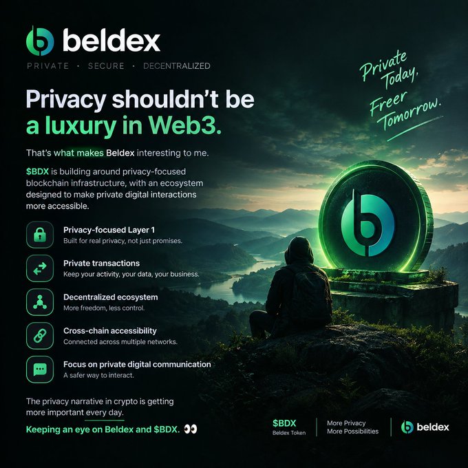 A promotional graphic for Beldex ($BDX) with the tagline 'Privacy shouldn't be a luxury in Web3,' highlighting features like a privacy-focused Layer 1, private transactions, and decentralized ecosystem.
