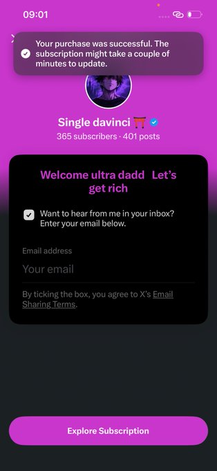 The image shows a confirmation that a subscription to "Single davinci" was successful, with the user now ready to "cook" and aim for 2x their previous month's accomplishments. This visual represents the act of subscribing to learn from new mentors.