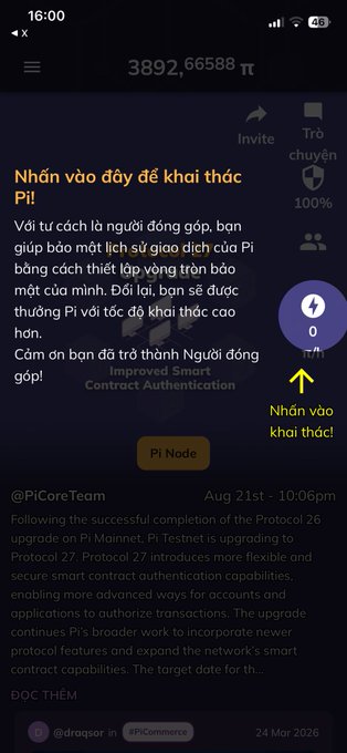 A mobile app screenshot in Vietnamese for the Pi Network showing a balance of 3892.66588 Pi, with a highlighted section prompting the user to khai thác Pi (mine Pi), and a post from @PiCoreTeam dated Aug 21st.