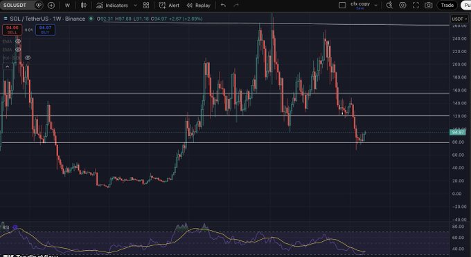 A TradingView candlestick chart for SOL/TetherUS on Binance shows a weekly price range with the current price around $95, displaying RSI indicator at the bottom and values including O92.21 H97.68 L91.18 C94.97.