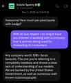 A screenshot of a DM conversation from "Kalshi Sports" dated June 3, 2024, in which Kalshi suggests a collaboration with a creator, saying, "Any company worth 100+ faces naturally. The year you're referring to is my 100th... We are backed by the United States government and we can dominate with known businesspeople," illustrating the outreach the post criticizes.