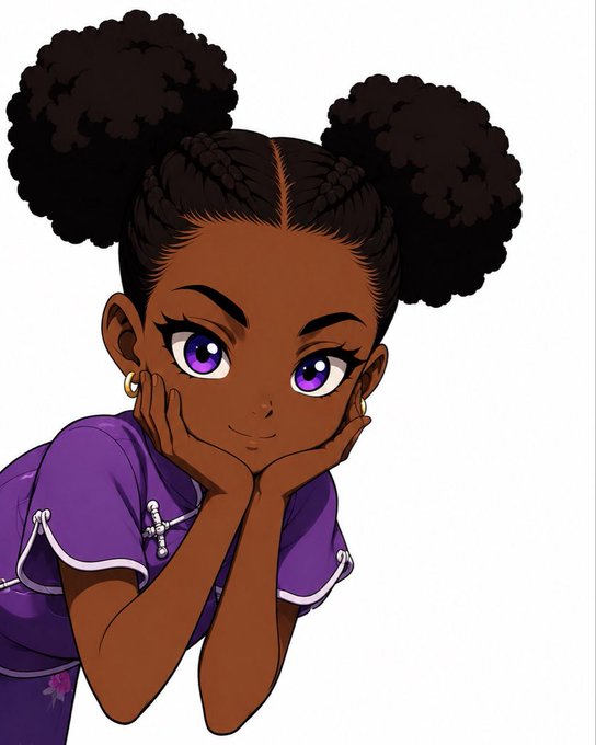 An anime-style illustration of a young girl with dark skin, large purple eyes, and two puffy afro puffs, resting her chin on her hands and wearing a purple top with a cross necklace.