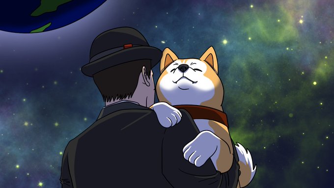 A digital illustration shows a man in a black suit and fedora viewed from behind, carrying a smiling Shiba Inu dog over his shoulder against a starry cosmic background with a planet.