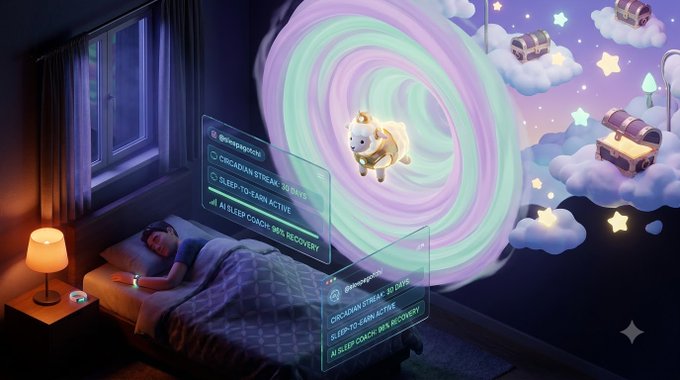 A digital illustration of a person sleeping in bed, dreaming of a colorful spiral with a character and clouds containing treasure chests, accompanied by sleep tracking data panels displaying 'Circadian Streak: 30 Days' and 'AI Sleep Coach: 96% Recovery'.