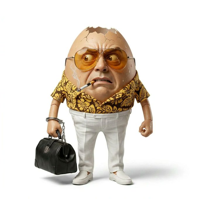 A humorous illustration of an egg-headed humanoid character wearing orange sunglasses, a Hawaiian shirt, white pants, and smoking a cigarette while carrying a black briefcase in handcuffs.