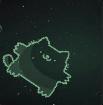 A pixel-art style image showing a dark green bear-like figure or silhouette outlined in glowing green against a starry space background.