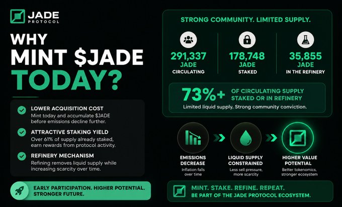 The image presents a graphic infographic that explains the current state of cryptocurrency trading. It displays the number of Jade trading coins held by users, their average values, and the overall value of the circulating supply, as well as other factors related to the tokenomics in action on the blockchain network. The post mentions minting, JadeProtocol, and the importance of tokenomics for the cryptocurrency market, which are all linked to this infographic.