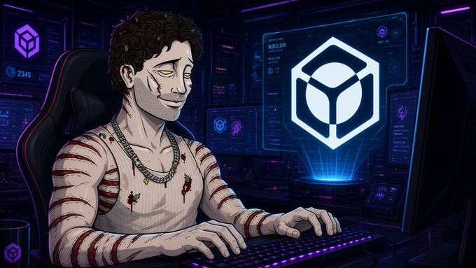 A stylized digital illustration of a disheveled man wearing a blood-stained sweater, sitting at a computer desk with glowing holographic displays showing a hexagonal logo.