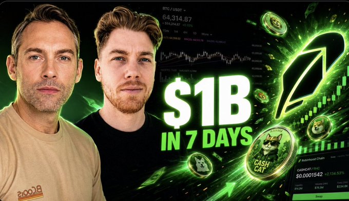 A YouTube-style thumbnail featuring two men next to a green chart and the bold text '$1B IN 7 DAYS', with Dogwifhat cryptocurrency coins and a 'CASH CAT' token visible, with BTC/USDT at 64,314.87.