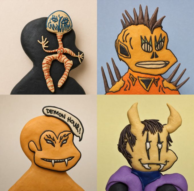Four handcrafted clay figurines depicting quirky monster characters: a striped-bodied creature on a black silhouette, a spiky-haired orange figure, an orange character with fangs saying "DEMON HOUR!", and a horned demon in a purple shirt.