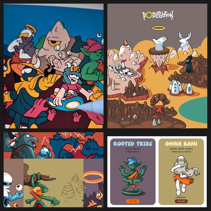 Colorful cartoon-style illustrations featuring fantasy creatures, demonic characters, and stylized landscapes, including text for 'OMNA KAMI' and 'ROOTED TRIBE'.