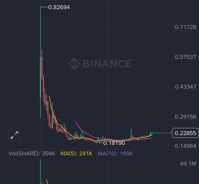 A Binance candlestick chart displaying a sharp decline in price from a high of 0.82694 to 0.18190, with moving averages (MA5: 241K, MA10: 169K) and current price at 0.22855.