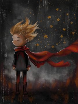 An illustration of a small child with blonde hair wearing a red scarf blowing in the wind, standing against a dark background filled with golden stars and an orange glow.