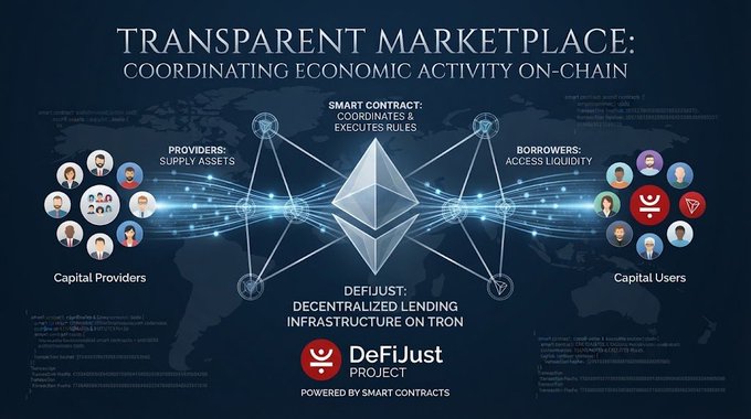 Promotional graphic for the DeFiJust Project, a decentralized lending infrastructure on the TRON blockchain, titled 'Transparent Marketplace: Coordinating Economic Activity On-Chain.'