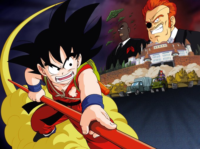 The image features a cartoon character with spiky hair, dressed in a red outfit, holding a stick or sword. In front of him are two men wearing suits - one black and one white. The background shows buildings and vehicles, suggesting an urban setting. The caption reads "$GOKU", which is likely the name of the cartoon character featured in the image.