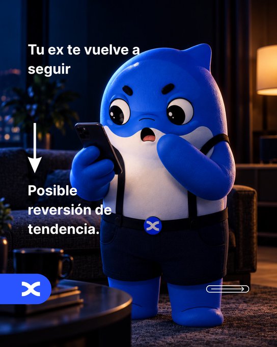 An ad featuring a shocked 3D blue shark mascot looking at a phone, with Spanish text: 'Tu ex te vuelve a seguir' pointing to 'Posible reversión de tendencia.'