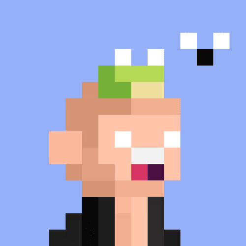 A pixel art illustration of a figure with a green headpiece against a light blue background, with a small black and white face in the corner.