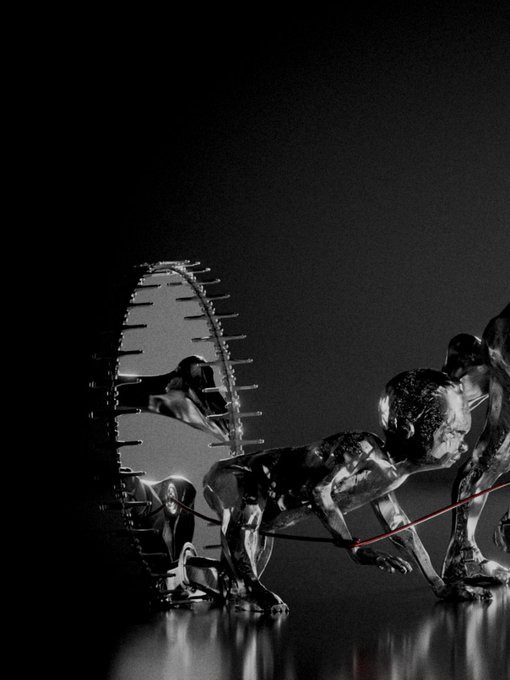 A monochromatic 3D-rendered sculpture depicts a metallic, segmented figure crawling forward on all fours, harnessed by a thin red leash, with the reflective segmented ring structure in the background showing a distorted reflection of the figure. The image visually represents the haunting, mechanical creature from "The Passage," a 2026 Blender 3D artwork made available to collect in the Digital Renaissance 1.0 collection on Objkt.