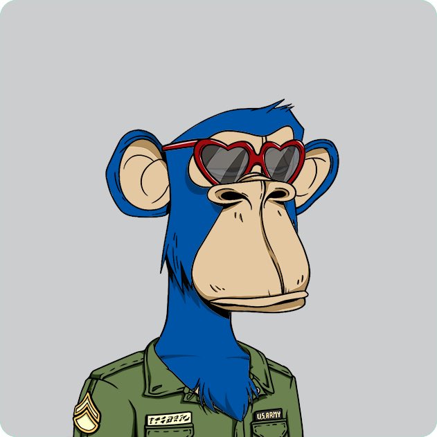 An NFT-style cartoon illustration of a blue Bored Ape wearing red heart-shaped sunglasses and a green military uniform with "U.S. ARMY" patches and the name "T4BRIC" on the chest.