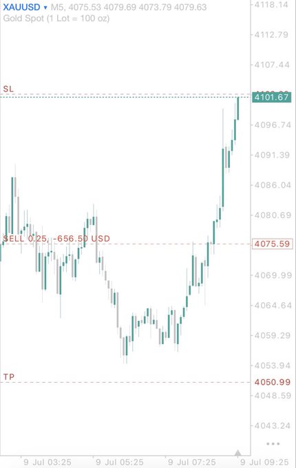 A gold spot trading chart (XAUUSD, M5 timeframe) shows a long position from ~$4 with a sell order of 0.25 lots at 4075.59 USD, a take profit at 4050.99, and a stop loss at 4101.67, illustrating how the price spiked through the stop loss overnight before the trader could manually close it for profit.