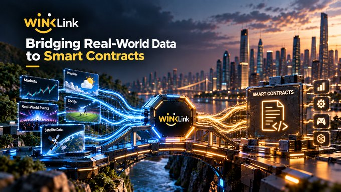 A promotional graphic for 'WINkLink' with the tagline 'Bridging Real-World Data to Smart Contracts', showing data icons flowing into smart contracts against a sunset skyline.