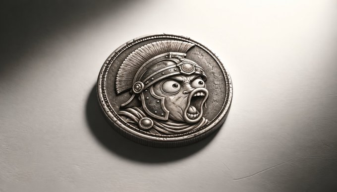 A detailed silver coin featuring a Roman centurion helmet with a wide screaming face rests on a light gray surface.