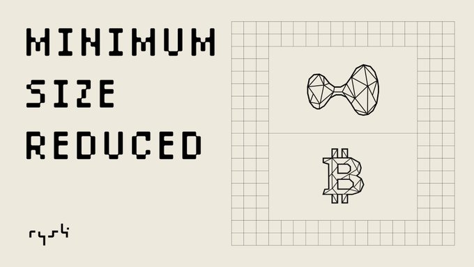 The image features the text "MINIMUM SIZE REDUCED" alongside geometric symbols representing HYPE and BTC, illustrating HyperEVM's reduced minimum position sizes for options strategies on these cryptocurrencies. The graphic, set on a grid background, visually reinforces the message that traders can now enter these strategies with less capital or smaller positions.