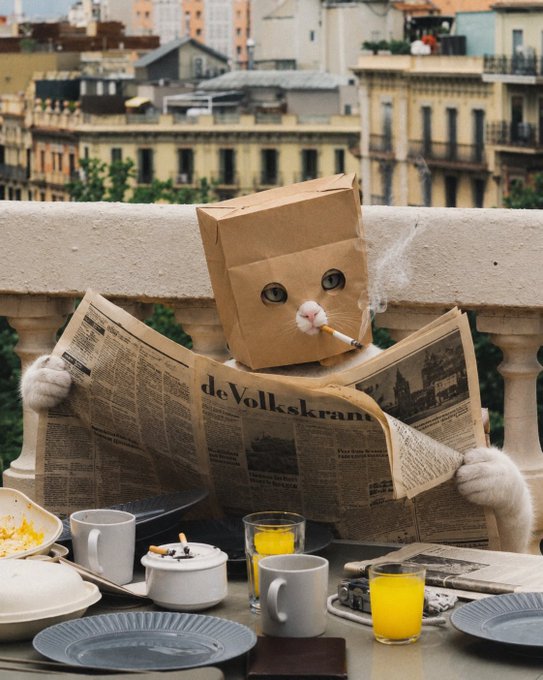 A cat wearing a paper bag over its head with cut-out eye holes smokes a cigarette while reading the "de Volkskrant" newspaper at a balcony breakfast table set with coffee and orange juice. The image humorously illustrates the post's theme of "bag holders" — the bag-wearing cat, calmly enjoying its routine despite the chaos, perfectly embodies the spirit of staying in the trade as a "big boy" with the bag firmly on ($ZCAT).