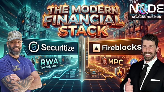 In the image, there are two men standing next to each other with their arms crossed. They appear to be posing for a photo or participating in an event related to the financial industry. The background of the image features a city skyline, which adds context to the setting and possibly represents the financial world. The caption below the image reads "Whoa! Two major players on the institutional side of this RWA tokenization trend Right here on the @TheNode_Network tune in!". This suggests that there might be an event or gathering related to tokenization happening, with two prominent figures involved.