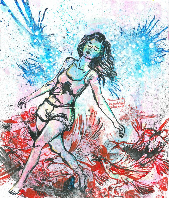 A vibrant watercolor and ink illustration of a woman in a flowing dress surrounded by blue splashes and red floral motifs, with the artist's signature "Foresighty Effortamount" visible. The expressive, splattered style evokes the digital artistry commonly associated with Bitcoin Ordinals artwork.
