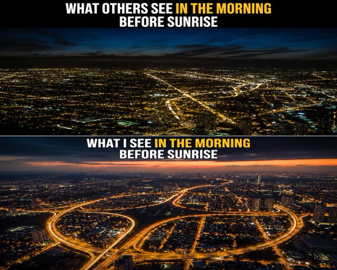 A two-panel meme comparing pre-sunrise city views: the top shows what others see ("WHAT OTHERS SEE IN THE MORNING BEFORE SUNRISE"), while the bottom reveals a more vibrant highway interchange ("WHAT I SEE IN THE MORNING BEFORE SUNRISE"). The image complements the post's optimistic Monday sentiment, suggesting the poster sees greater opportunity and brightness in the early hours—mirroring their hopeful outlook for a profitable trading week with $ASTER.