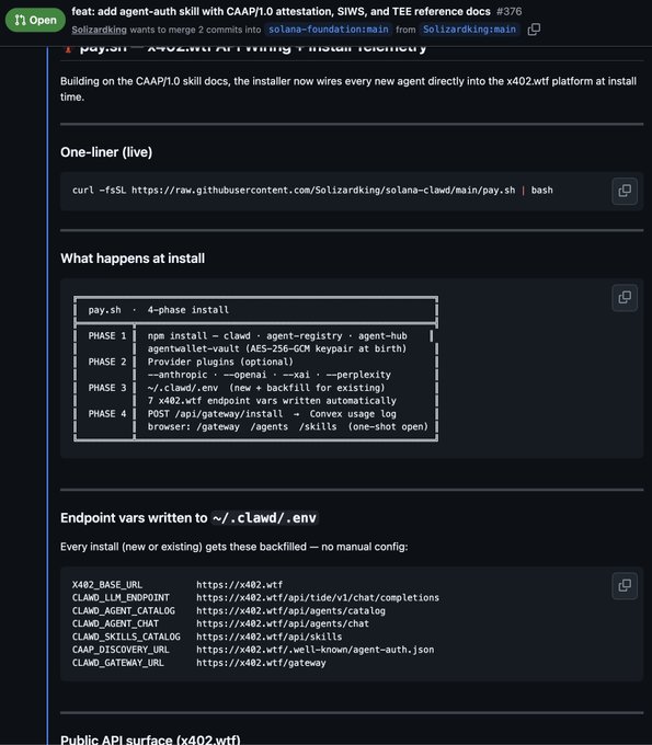 The image shows a screenshot of an open webpage with a message discussing the installation process for a new agent. The text on the page indicates that a new agent will be installed after a build, which appears to have taken place recently. The post seems to be related to a popular accounting software or service, possibly Google Cli. The image does not provide any information about the account associated with the @x402agent post.