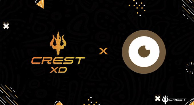 The image features a black background with gold and orange accents, creating an eye-catching contrast. The main focus of the image is a white circle with a brown border, which appears to be a logo or design element related to the "Crest xD x G00FS A unique collection embracing chaos, humor, and internet culture." The text in the image reads: 
"Crest xD x G00FS A unique collection embracing chaos, humor, and internet culture. Supply: 2,222 Mint: 0.0015 ETH Pleased to collaborate with @The_G00fs."